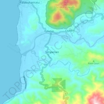 Mapa topográfico Simpenan, altitud, relieve