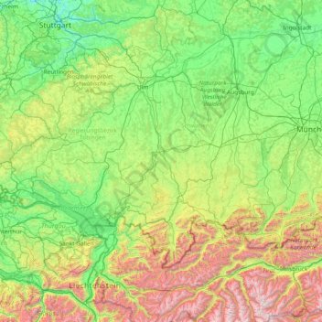 Mapa topográfico Oberschwaben, altitud, relieve
