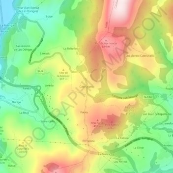 Mapa topográfico Cabruñana, altitud, relieve