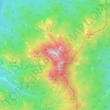 Mapa topográfico 북한산(백운대), altitud, relieve