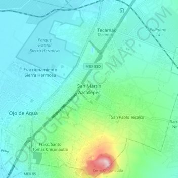 Mapa topográfico San Martín Azcatepec, altitud, relieve