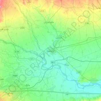 Mapa topográfico Charsadda, altitud, relieve