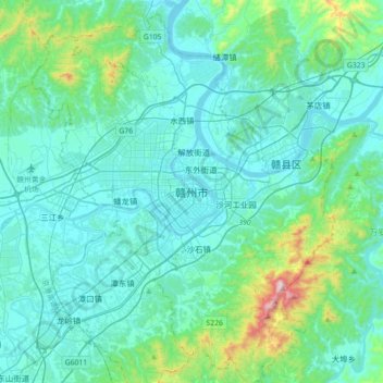 Mapa topográfico Ganzhou, altitud, relieve