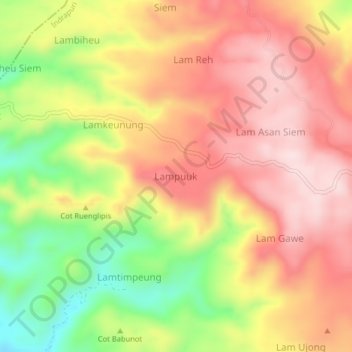 Mapa topográfico Lampuuk, altitud, relieve