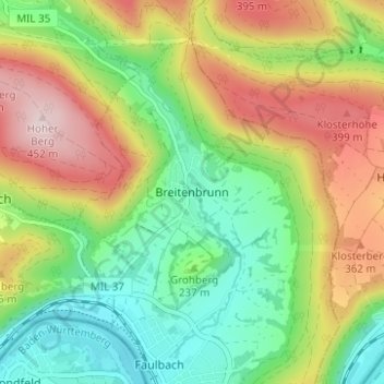 Mapa topográfico Breitenbrunn, altitud, relieve