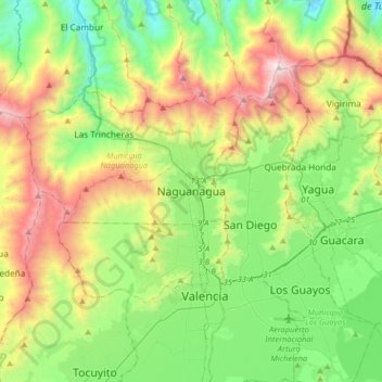 Mapa topográfico Naguanagua, altitud, relieve