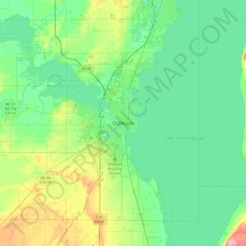 Mapa topográfico Oshkosh, altitud, relieve