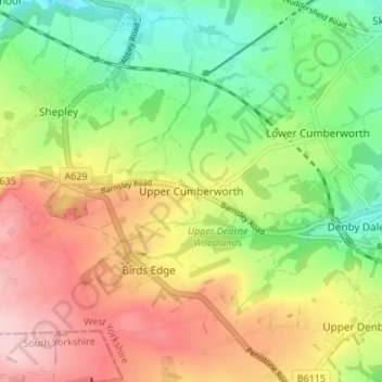 Mapa topográfico Upper Cumberworth, altitud, relieve