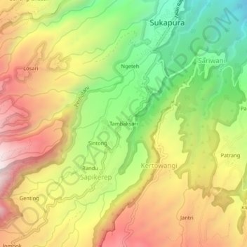 Mapa topográfico Tambaksari, altitud, relieve
