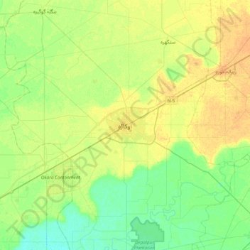 Mapa topográfico Okara, altitud, relieve
