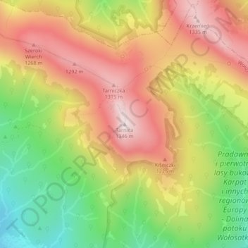 Mapa topográfico Tarnica, altitud, relieve