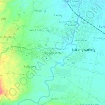 Mapa topográfico Kaligawe Wetan, altitud, relieve