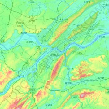 Mapa topográfico Yibin, altitud, relieve