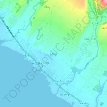 Mapa topográfico Sangi, altitud, relieve