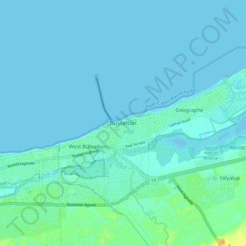Mapa topográfico Busselton, altitud, relieve