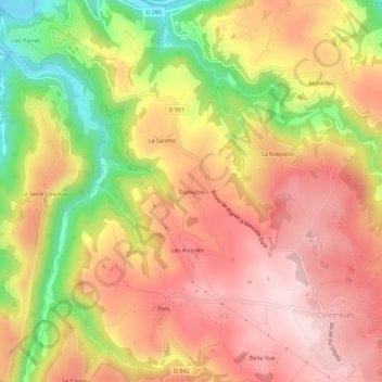 Mapa topográfico Gipoulou, altitud, relieve
