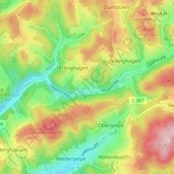 Mapa topográfico Untererlinghagen, altitud, relieve