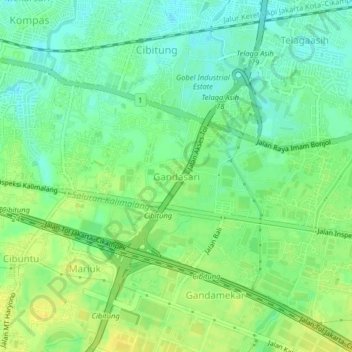 Mapa topográfico Gandasari, altitud, relieve