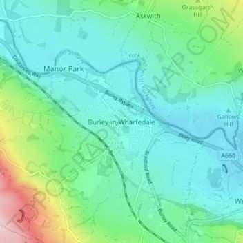 Mapa topográfico Burley-in-Wharfedale, altitud, relieve