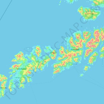 Mapa topográfico Gimsøya, altitud, relieve