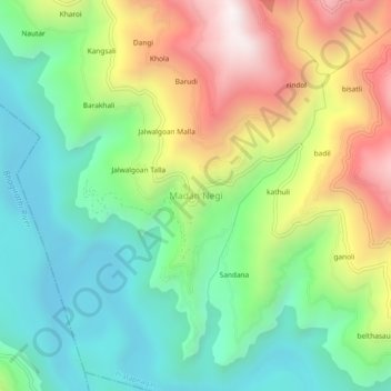 Mapa topográfico Madan Negi, altitud, relieve