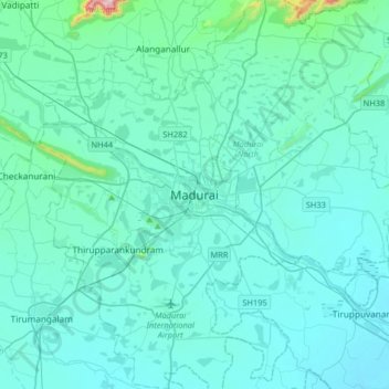 Mapa topográfico Madurai, altitud, relieve
