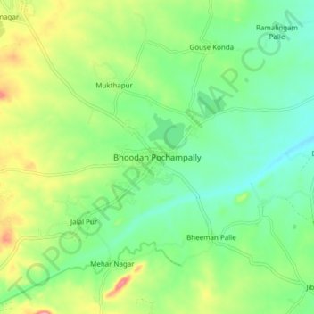 Mapa topográfico Bhoodan Pochampally, altitud, relieve