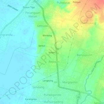 Mapa topográfico Krajan, altitud, relieve