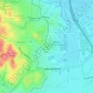 Mapa topográfico Cardiac Hill, altitud, relieve