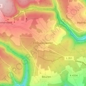 Mapa topográfico Ettmannsweiler, altitud, relieve