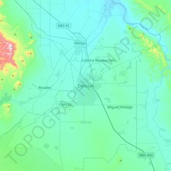 Mapa topográfico Delicias, altitud, relieve