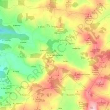Mapa topográfico A Carballa Redonda, altitud, relieve