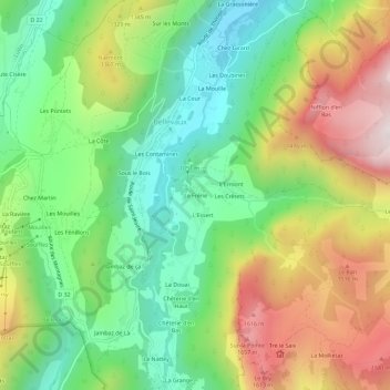 Mapa topográfico Le Frêne, altitud, relieve