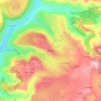 Mapa topográfico Mordagne, altitud, relieve