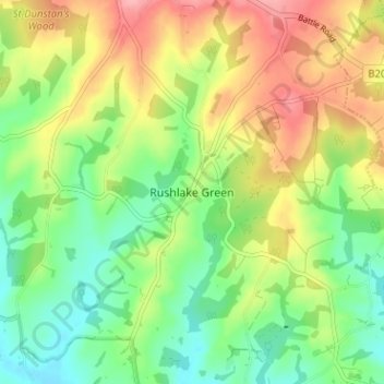 Mapa topográfico Rushlake Green, altitud, relieve