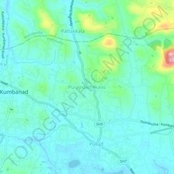 Mapa topográfico Purayidathilkavu, altitud, relieve
