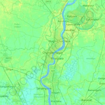 Mapa topográfico Chandannagar, altitud, relieve