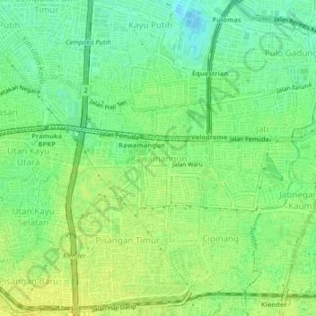 Mapa topográfico Rawamangun, altitud, relieve