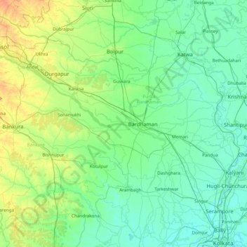 Mapa topográfico Barddhamān, altitud, relieve