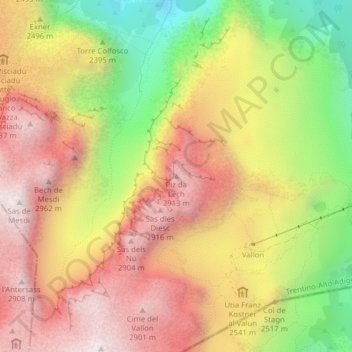 Mapa topográfico Boèseekofel, altitud, relieve