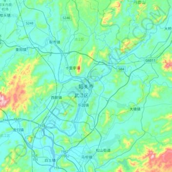 Mapa topográfico Shaoguan, altitud, relieve