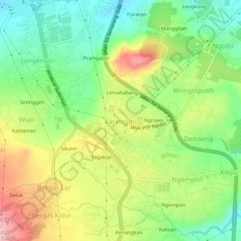 Mapa topográfico Karangjati, altitud, relieve