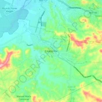 Mapa topográfico Coatzintla, altitud, relieve