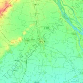 Mapa topográfico Tenali, altitud, relieve