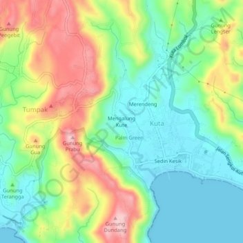 Mapa topográfico Mengalung Kute, altitud, relieve