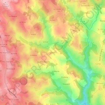 Mapa topográfico Gouttes, altitud, relieve