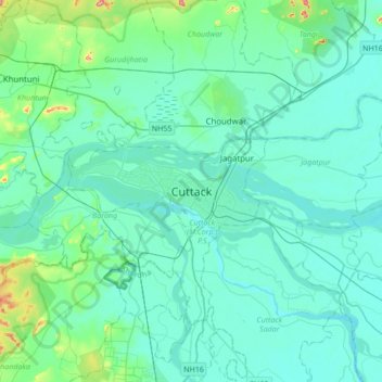 Mapa topográfico Cuttack, altitud, relieve