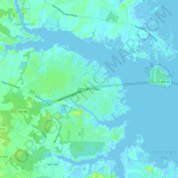 Mapa topográfico Ocean Pines, altitud, relieve