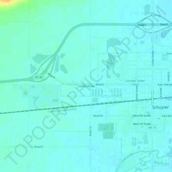 Mapa topográfico Sunset Acres, altitud, relieve