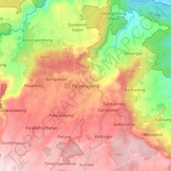 Mapa topográfico Pageruyung, altitud, relieve